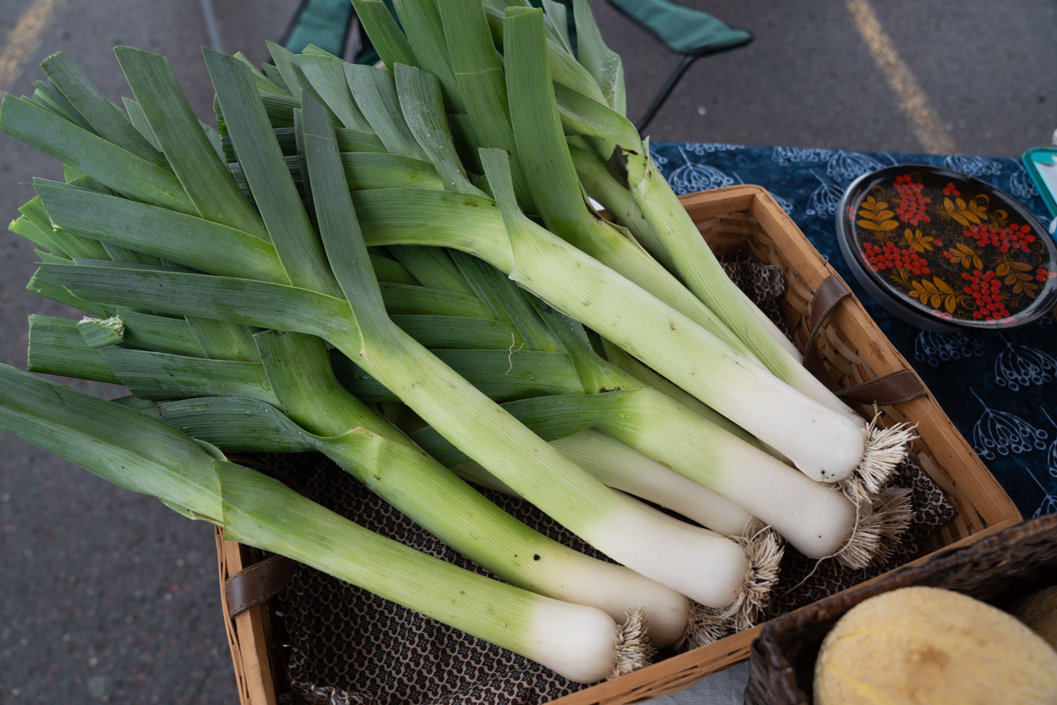 Locally grown organic leeks with stocks trimmed.